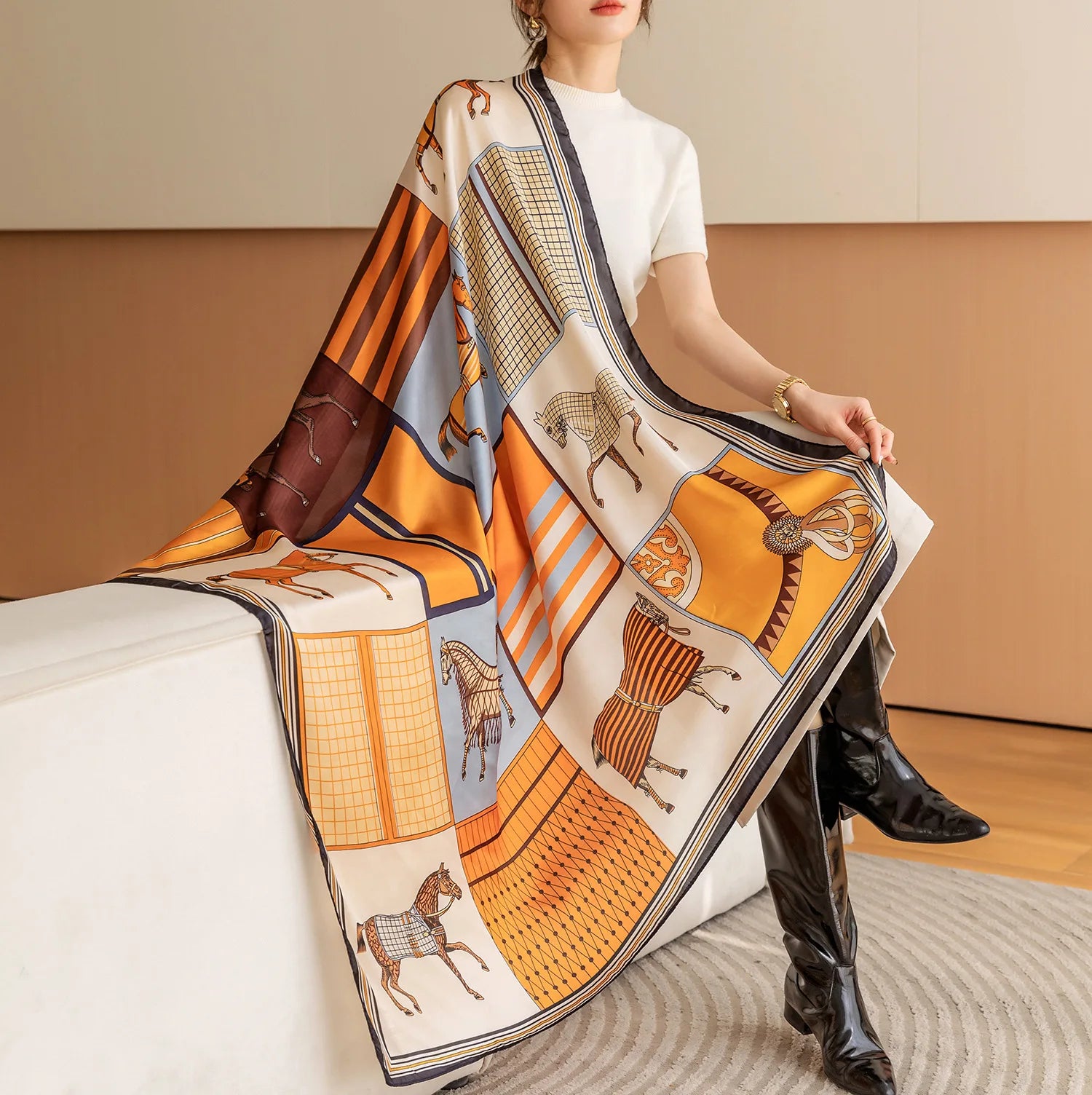 Luxury Horse Print Square Scarf Vintage Imitation Silk