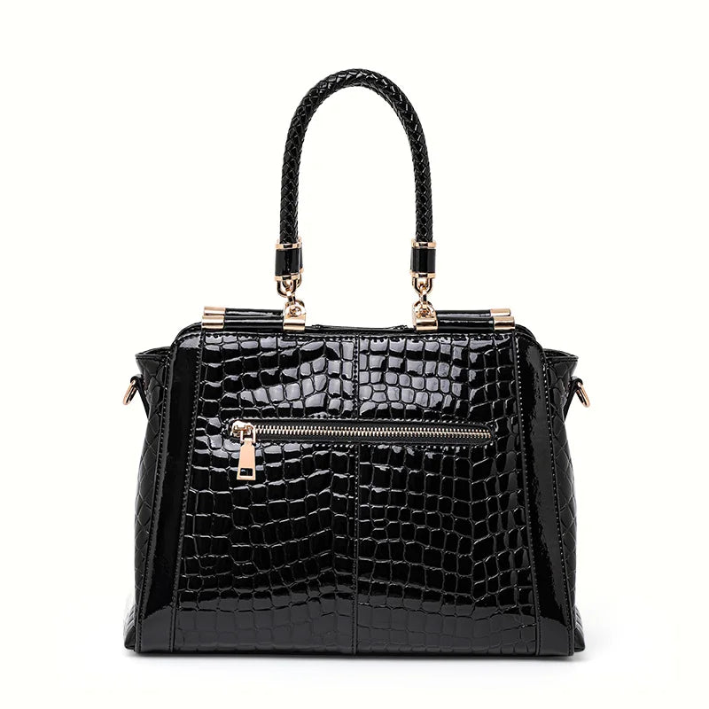 Black Crocodile Pattern Embossed Patent Leather Top Handle Bag