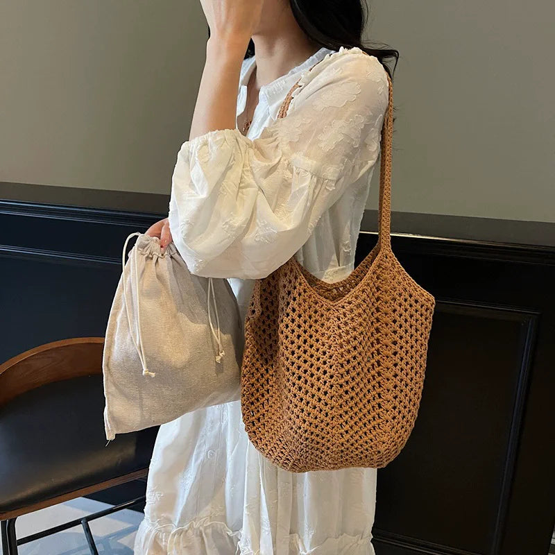 Chic Simple Large Capacity Shoulder Bags for Women Casual Straw Woven Tote Bag