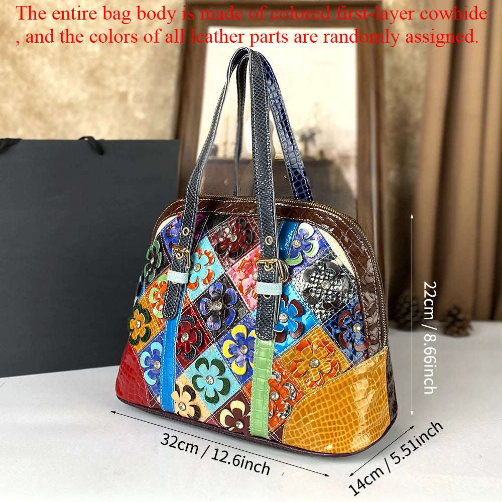 Handbag made of genuine leather handmade colorful flowers trendy crossbody bag
