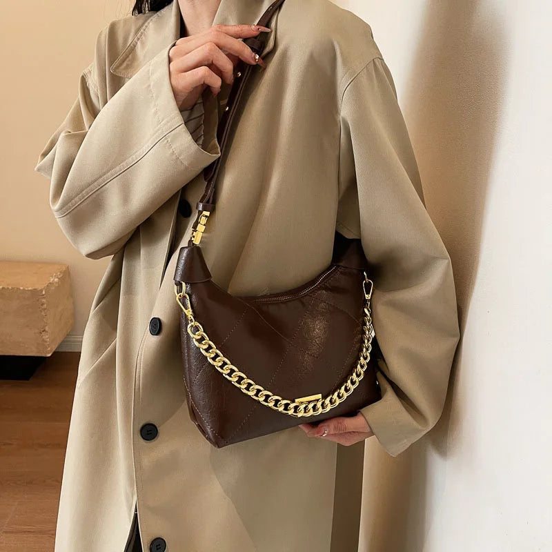 Luxury Designer Lock Chain PU Plaid Quilted Handbag