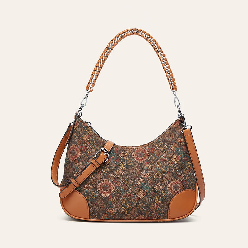 Crossbody Cork Leather Patchwork PU National Printing Half Moon Shoulder Bag