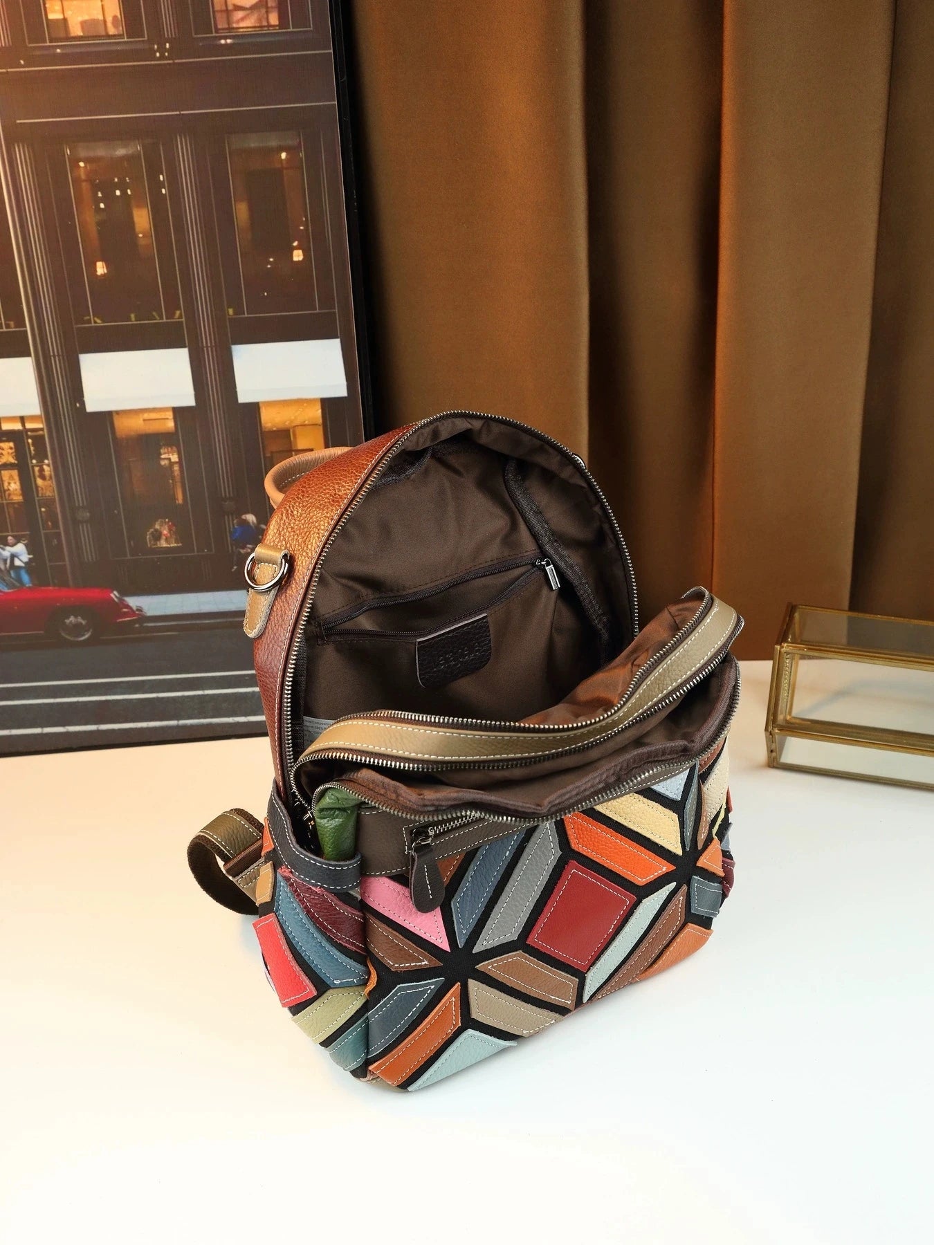 Patchwork Women Genuine Leather Backpack Vintage Fashion