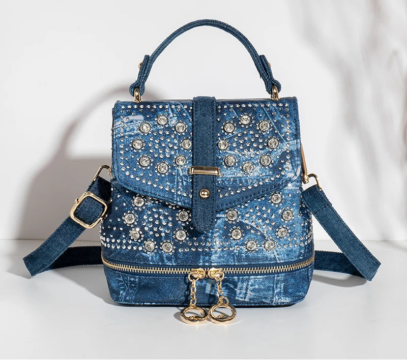Diamond Appliques denim backpack multi-functional portable one-shoulder backpack