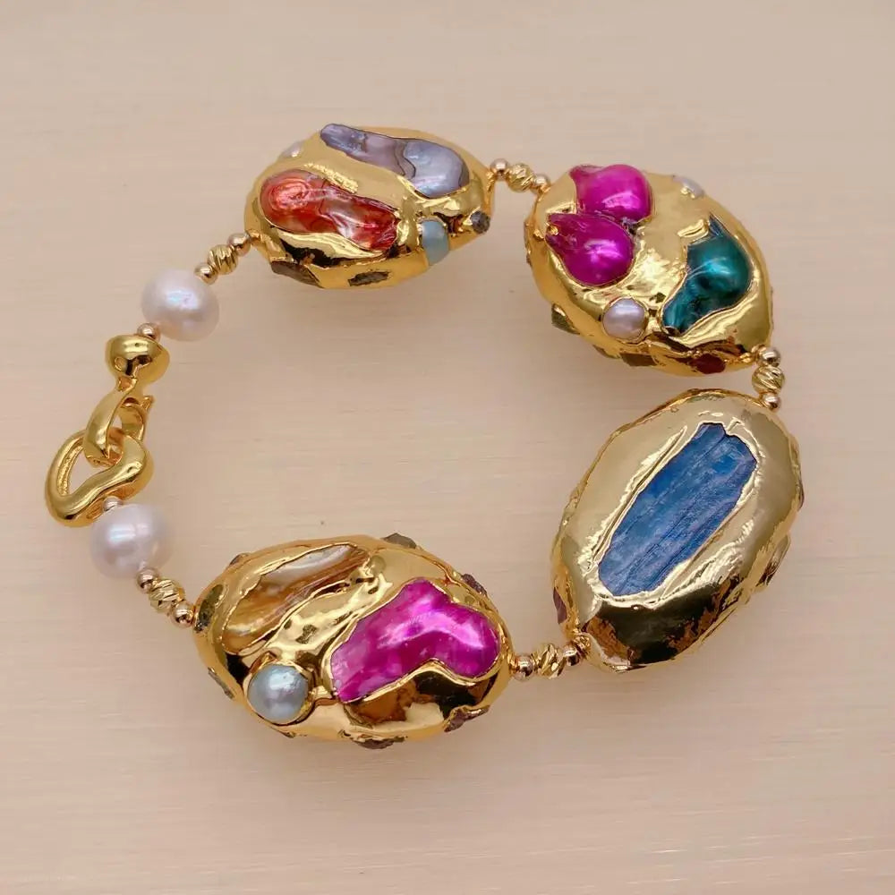 Blue Kyanite 24x35mm Multi Color Shell Pearl Bracelet
