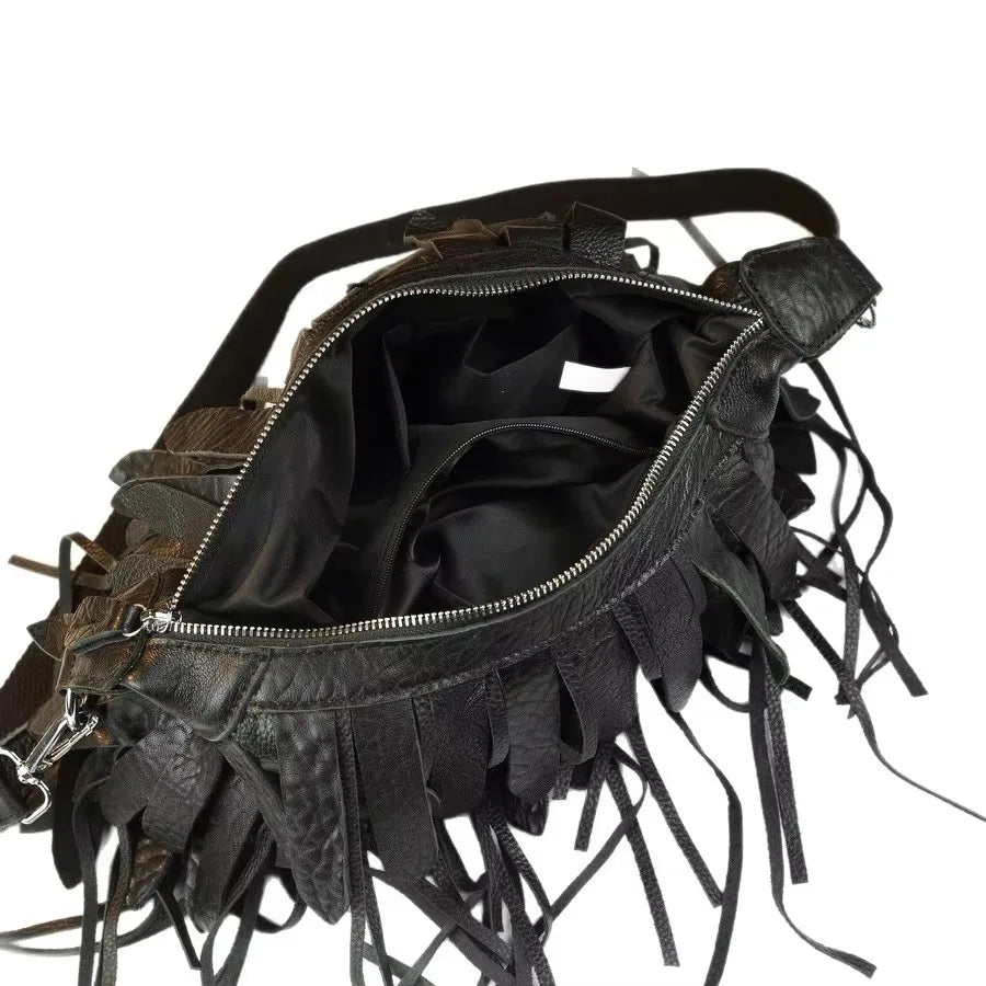 Vintage Patchwork Fringe Hobo Bag Genuine Leather Tassel Bag
