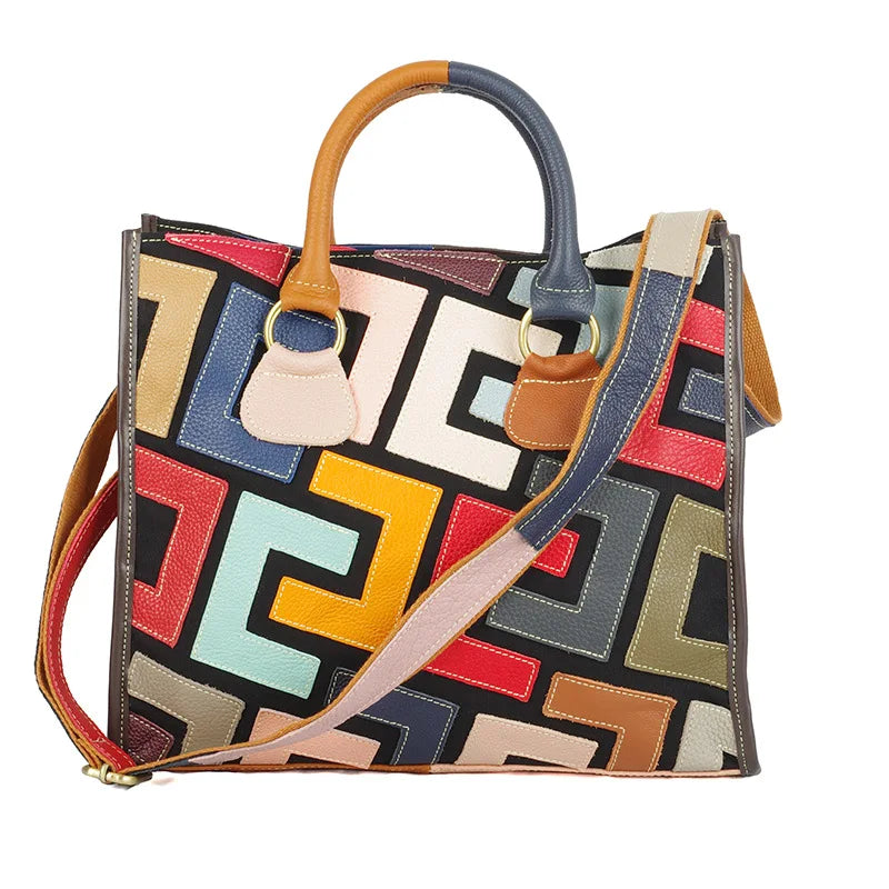 Genuine leather women's bag beautiful style color contrasting design large capacity tote bag