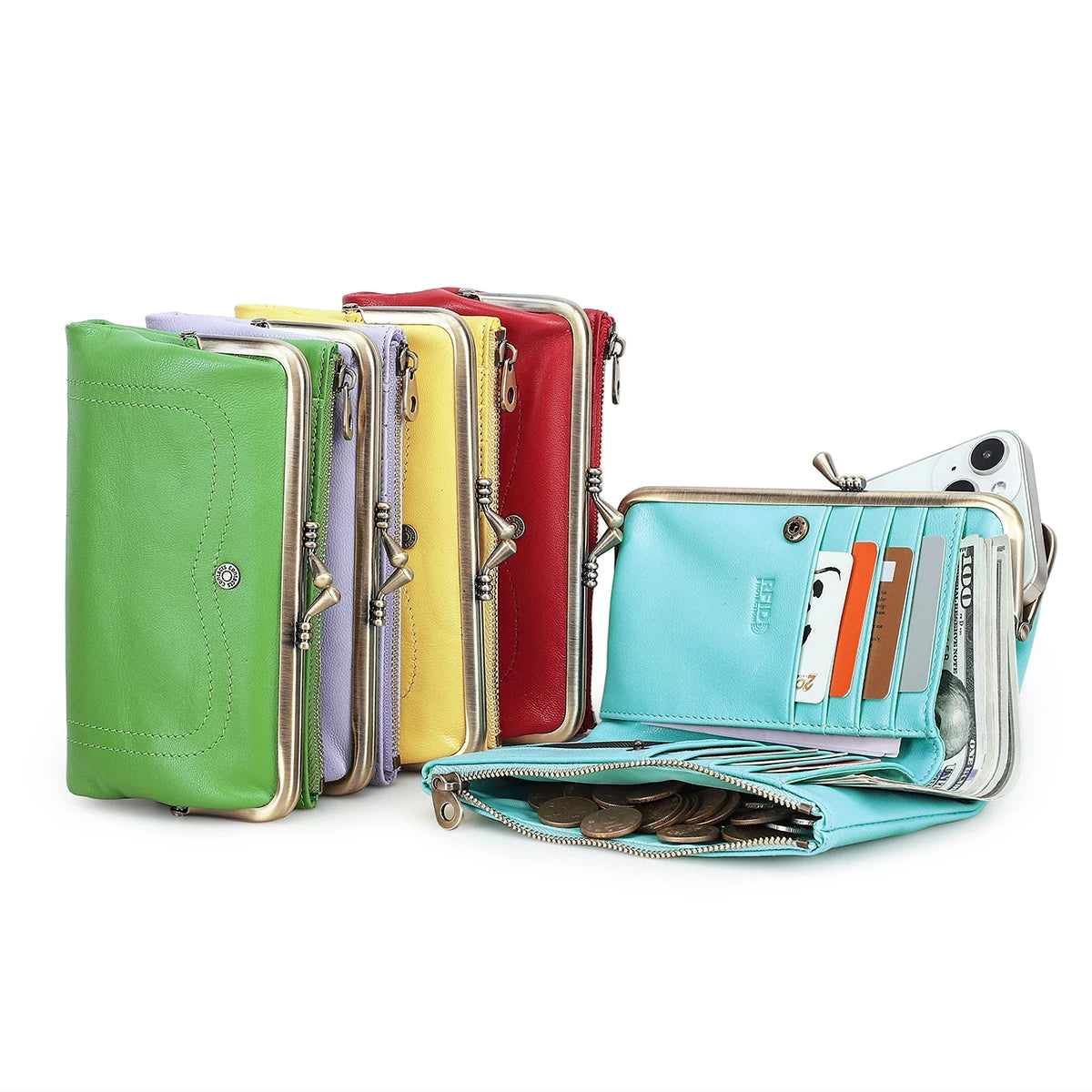 Genuine Leather Kiss Lock Long Wallets for Women Metal Frame Female Purse Card Holder