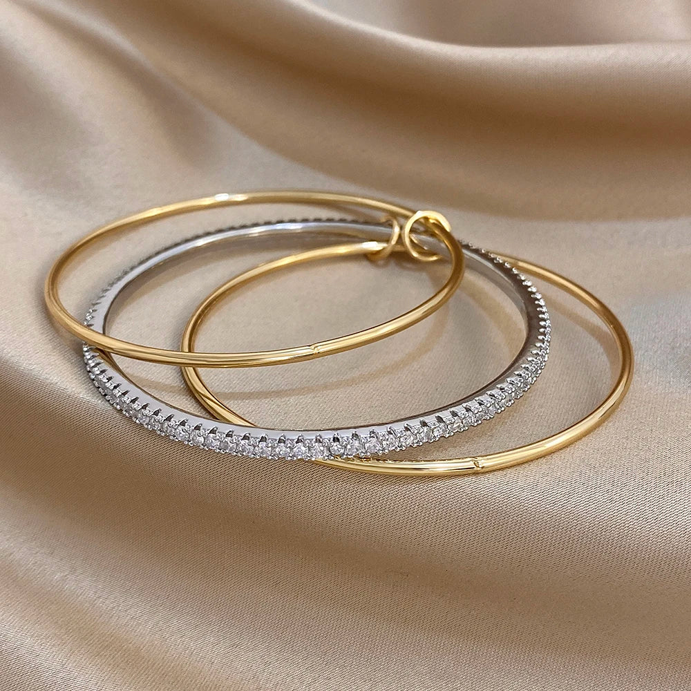 3pcs Two Tone Full Rhinestone Smooth Bangle Bracelets for Women