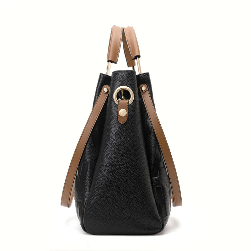 Embossed Letter Tote  Black-Brown Color Block Spacious Commute Handbag & Crossbody