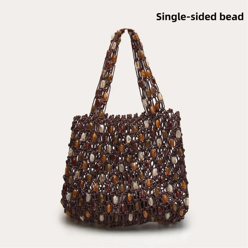 Hand-woven Beaded Tote Wooden Handle Knitted Bag