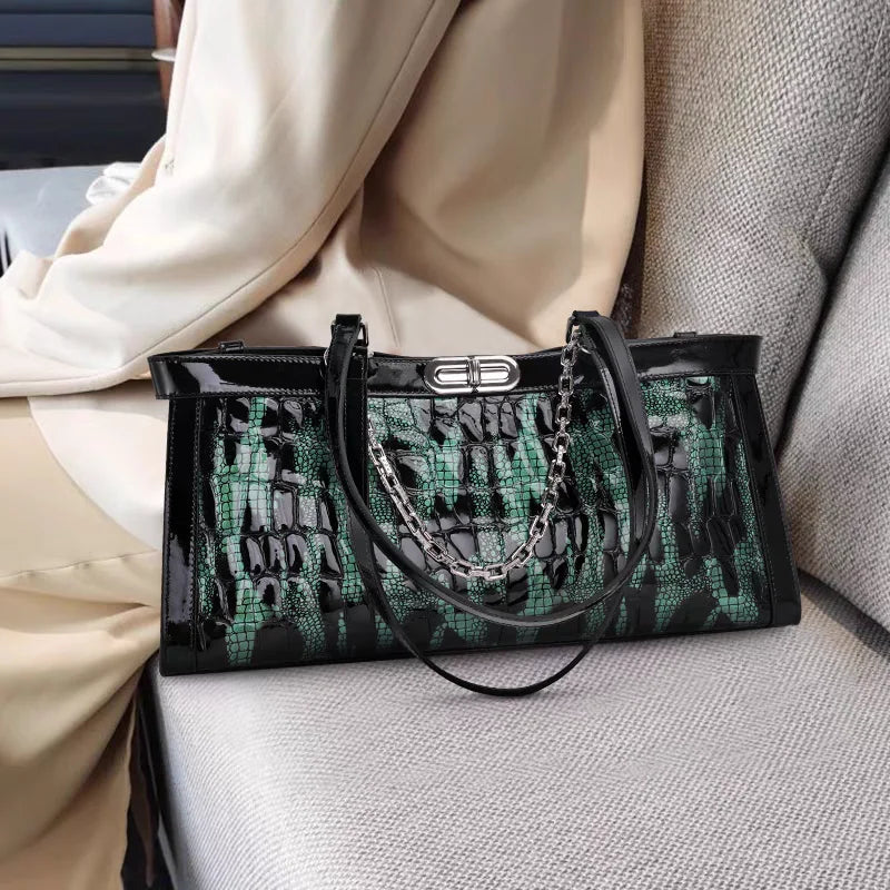 Luxury Cowhide Bag Trendy Crocodile Pattern Large Capacity
