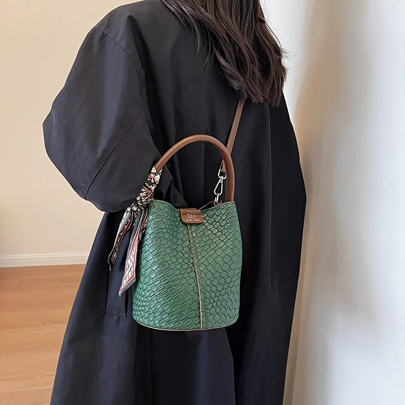 Fashionable Women's Bucket Bag Stylish Solid Color Woven Effect Handbag