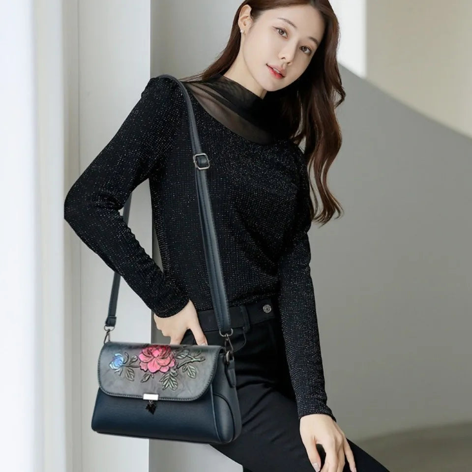 Vintage 3D Floral Embossed Crossbody Bag Soft Leather Elegant Bag Luxury Handbag