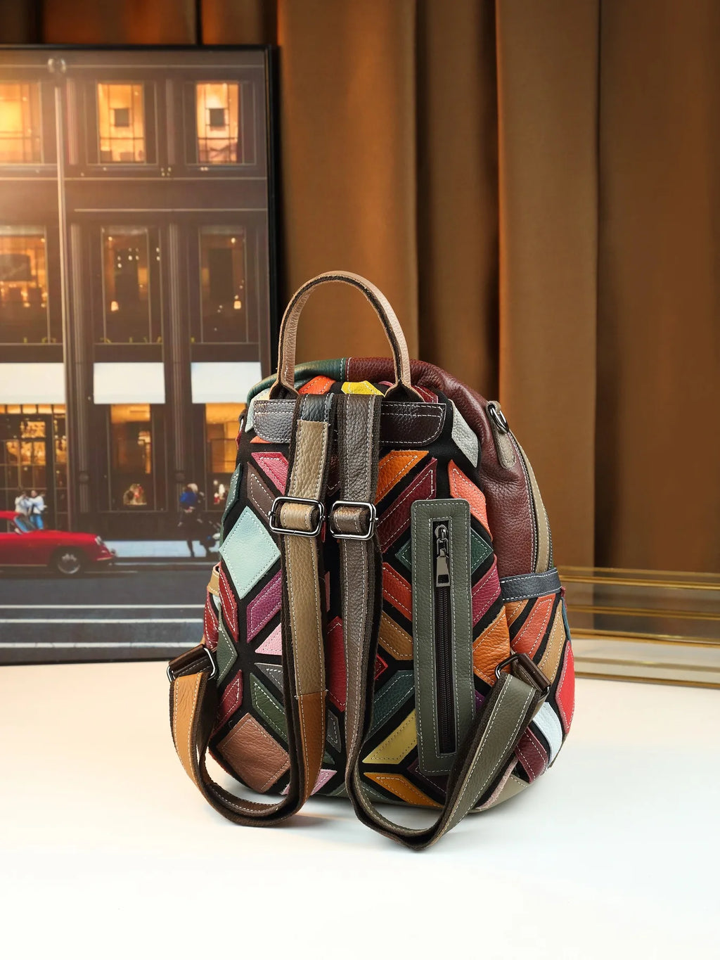Patchwork Women Genuine Leather Backpack Vintage Fashion