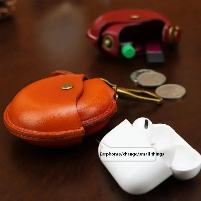 Handcrafted genuine leather small round Bluetooth earphone bag