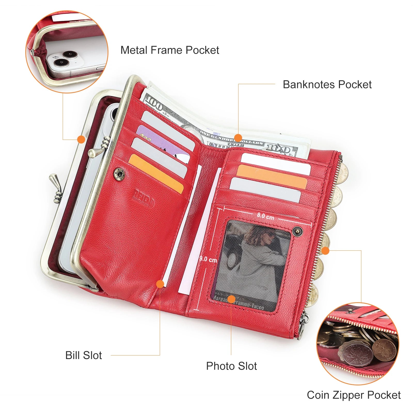 Genuine Leather Kiss Lock Long Wallets for Women Metal Frame Female Purse Card Holder