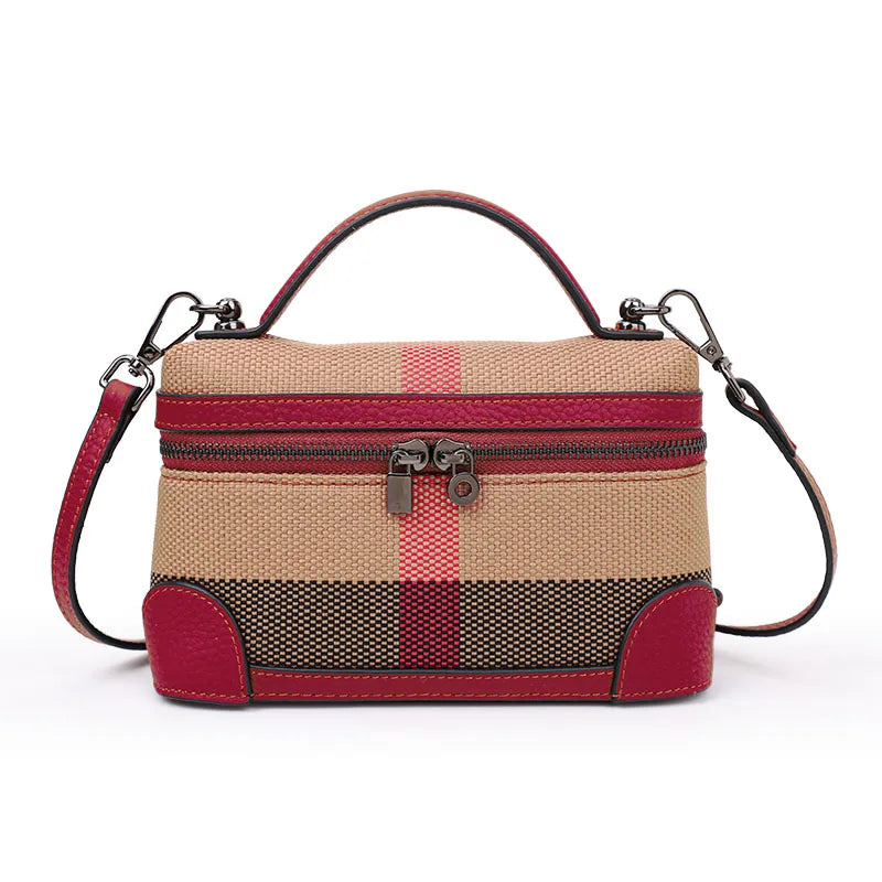 Women's shoulder crossbody mini bag plaid small square bag made of canvas and cowhide