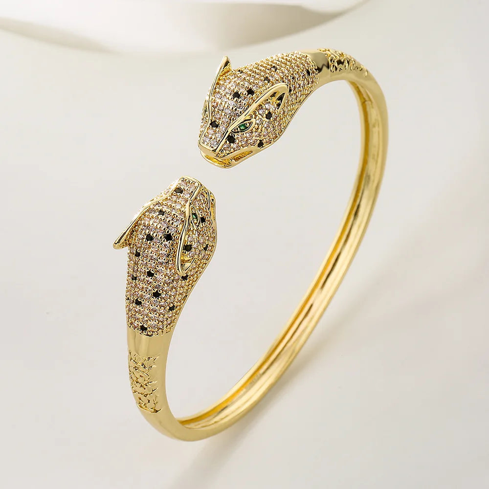 Trendy leopard head open bracelet 18K gold electroplated