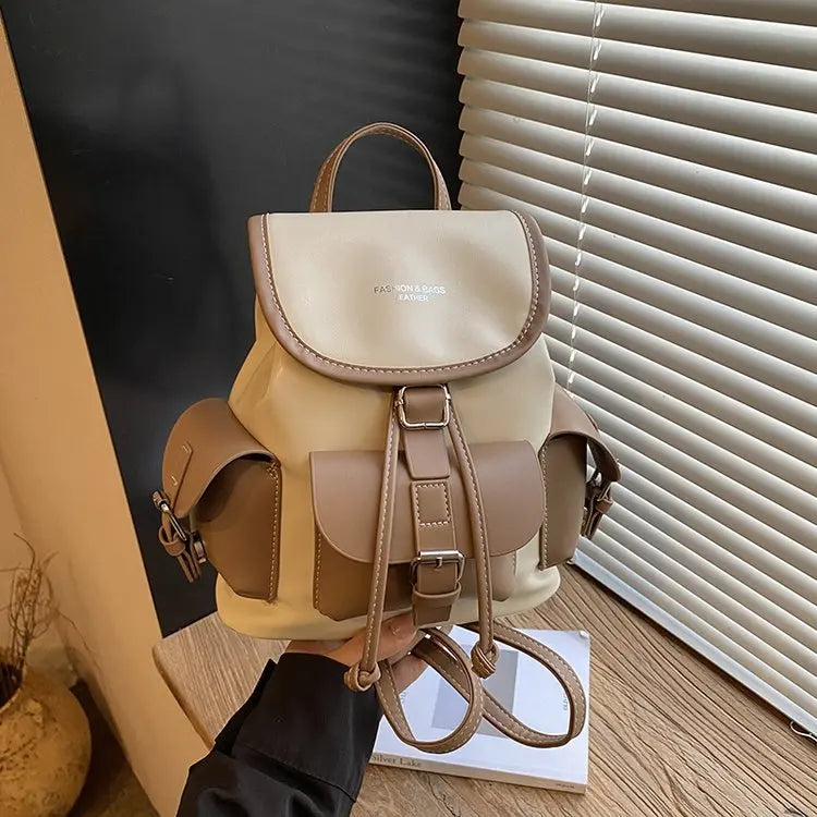 Vintage Black & Brown Leather Backpack Drawstring Flap Design with Side Pockets