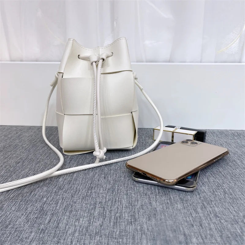 Trendy Mini Bucket Bag Versatile Woven Drawstring Phone Bag Casual Simple Design