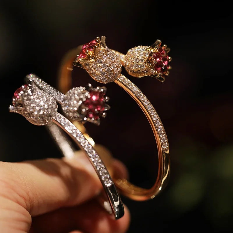 Luxury Zircon Open Rose Bracelets With Sparkling Crystals Chic Bangle Hand Jewelry