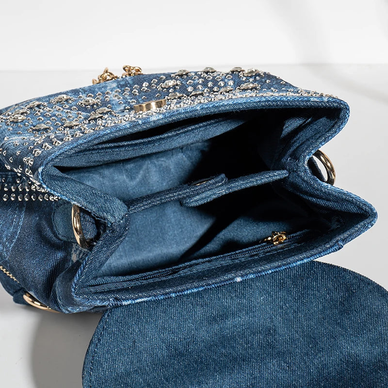 Diamond Appliques denim backpack multi-functional portable one-shoulder backpack