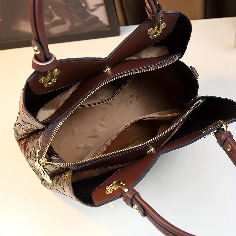 Vintage Flower Pattern Handbag Luxury PU Leather Tote Bag Fashion Crossbody Bag