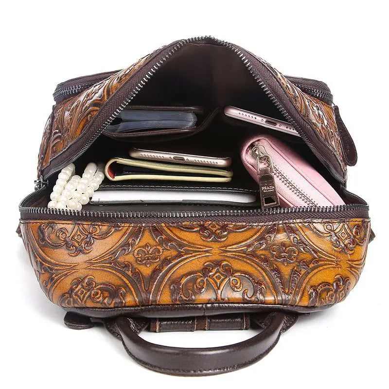 Handmade Leather Backpacks Embossed Top Layer Cowhide Bag
