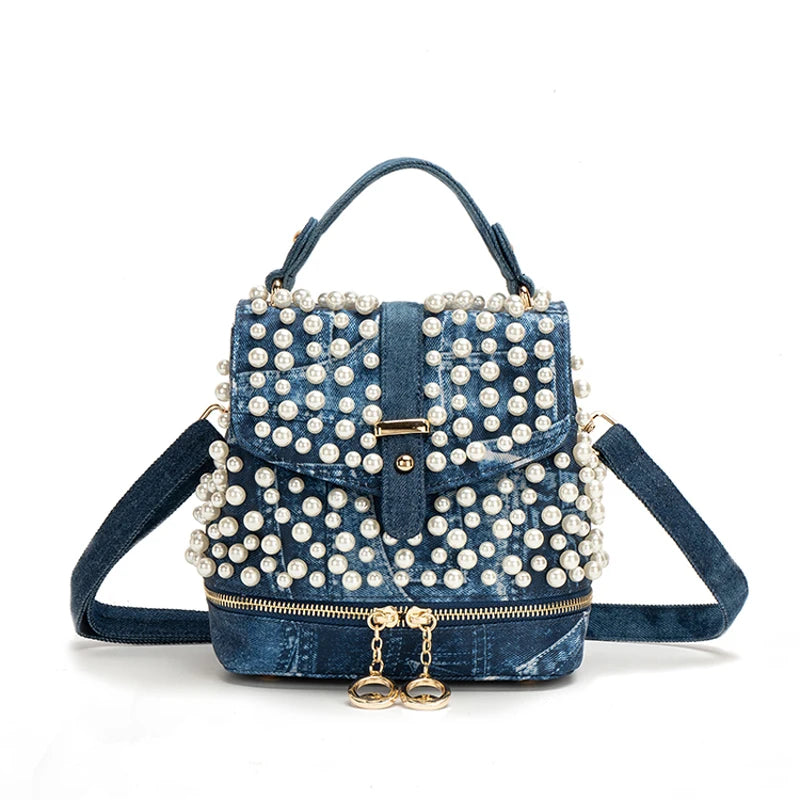 Diamond Appliques denim backpack multi-functional portable one-shoulder backpack