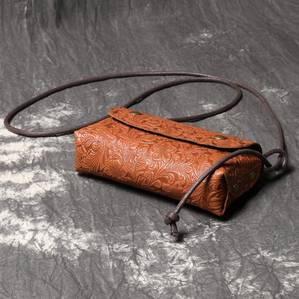 Stylish Genuine Leather Bag 3D Carved Craft Shoulder Bag Cowhide Phone Bag