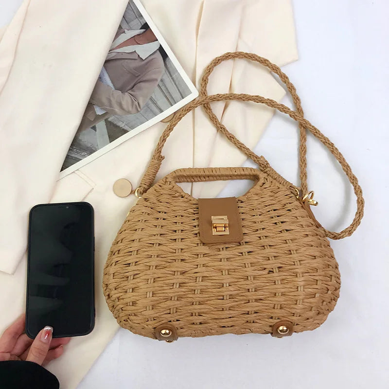 Fashion Wicker Rattan Bag Woven Women Handbags Summer Travel Crossbody Bag