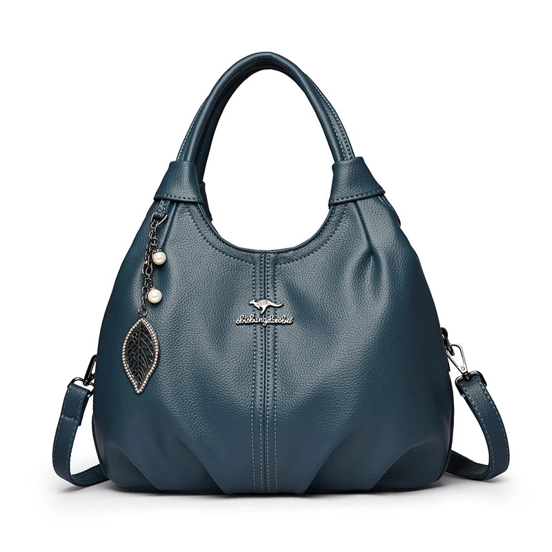 Soft Leather Hobo Handbag 3 Layer Shoulder Crossbody Bag with Pearl Leaf Pendant