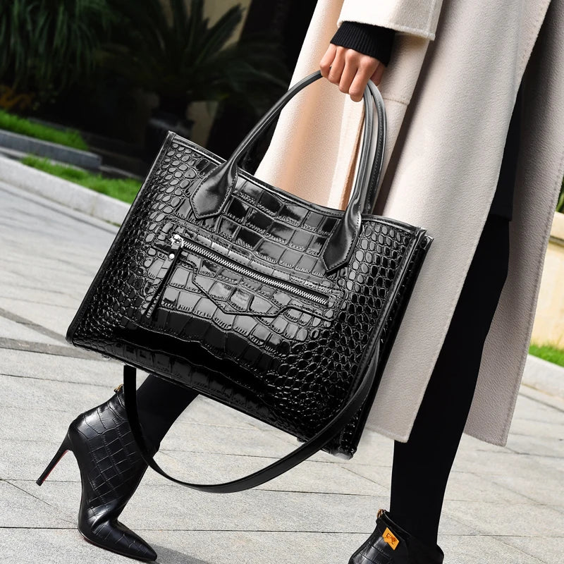 Luxury large capacity crocodile pattern PU leather handbag