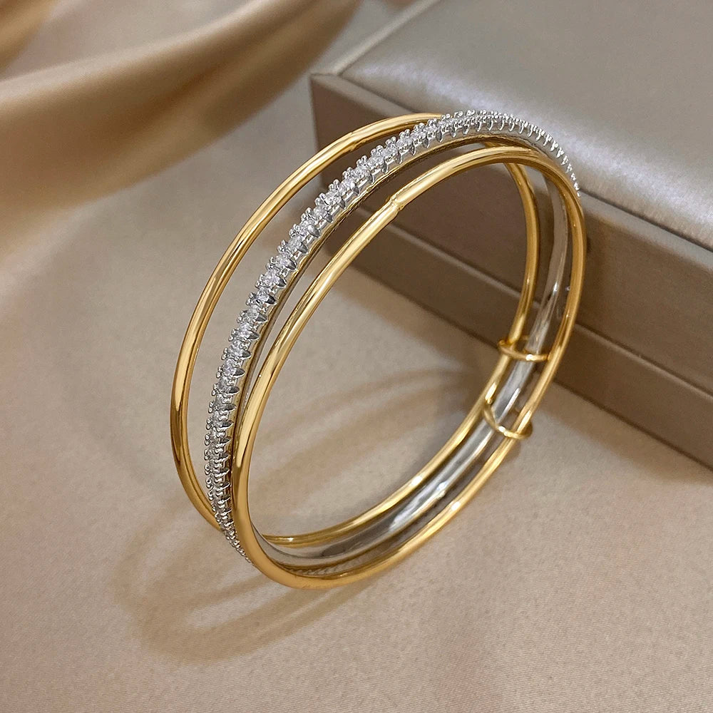 3pcs Two Tone Full Rhinestone Smooth Bangle Bracelets for Women