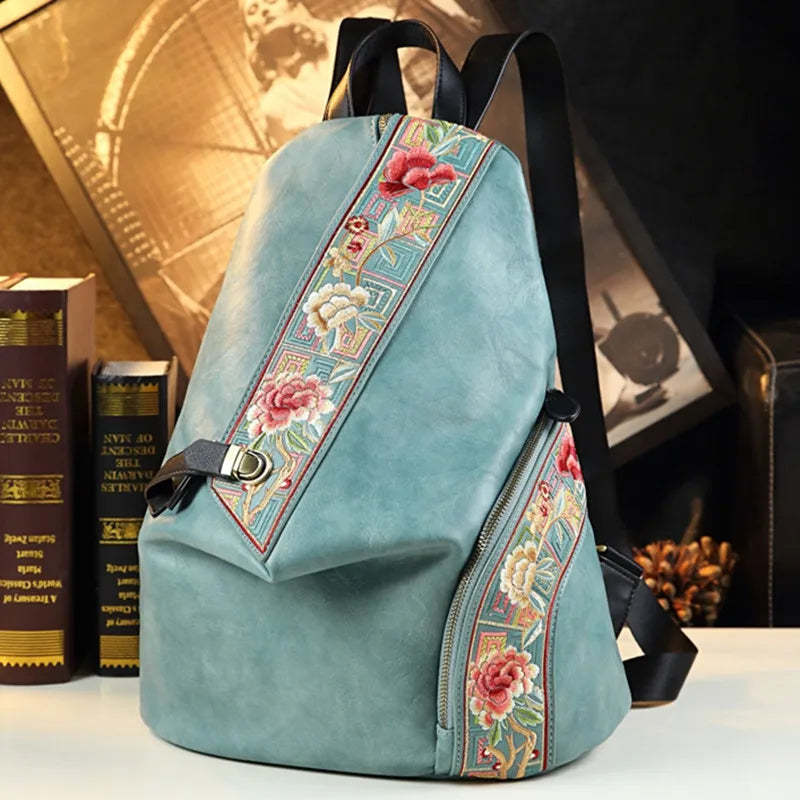 Retro Genuine Leather Women Backpack Embroidered Design Ladies Bag Travel Backpacks