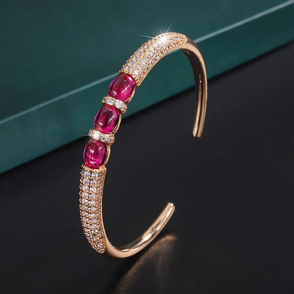 Luxury Bangles Vintage 6*8mm Ruby Stone Rose Gold Color Cuff Bracelets Fine Jewelry