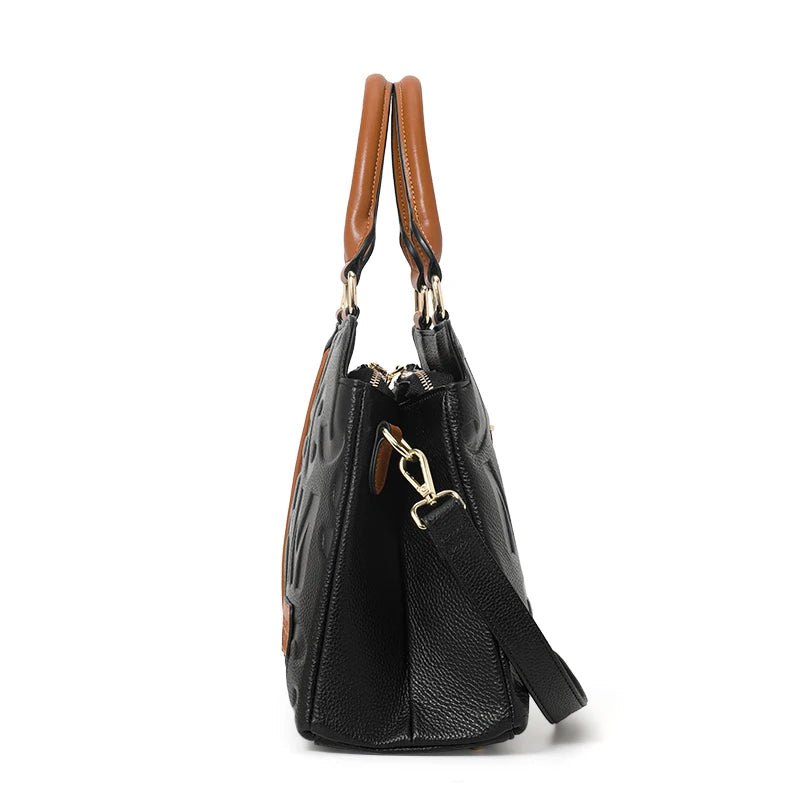 Ladies' Genuine Cowhide Leather Handbag with Letters Crossbody Large-Capacity Tote Bag