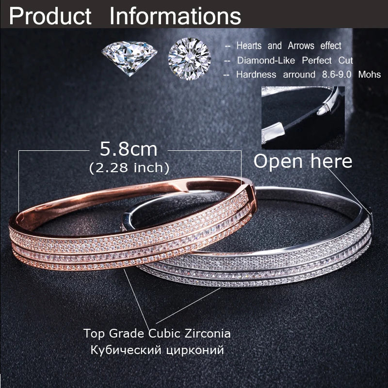 Sparkling Cubic Zirconia Rose Gold Color Big Round Circle Cuff Bangles Luxury Jewelry