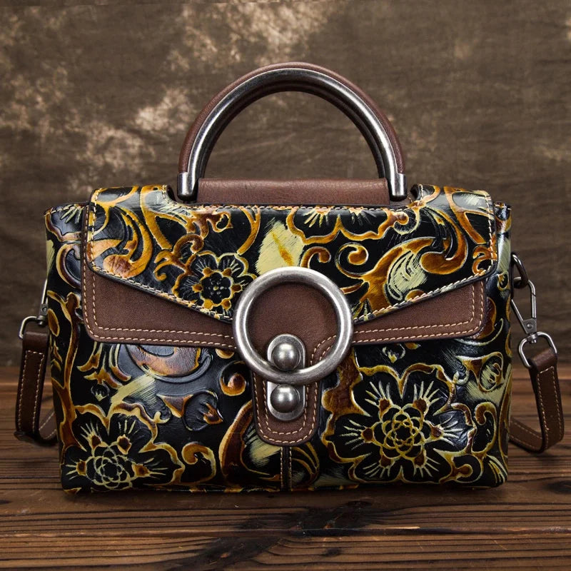 Floral Genuine Leather Tote Bag Vintage Shoulder Handbag