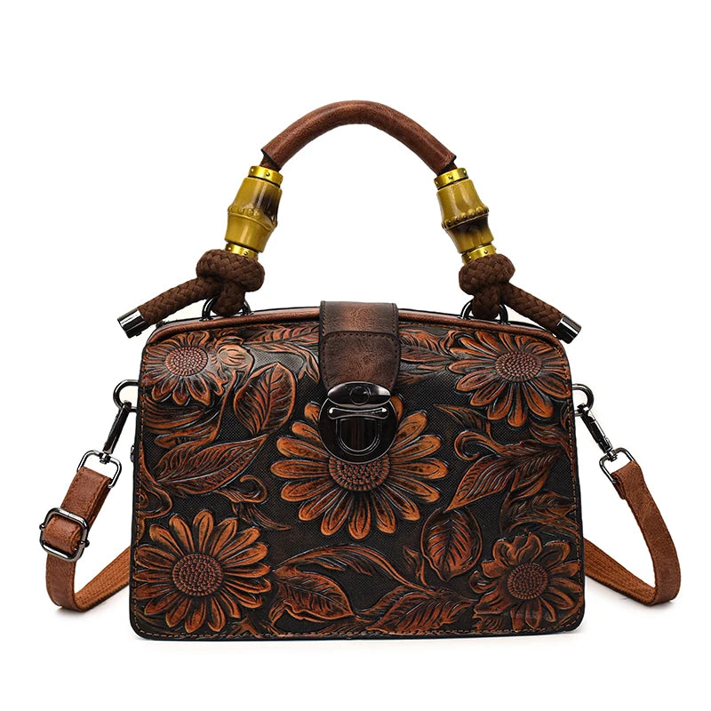 Vintage Embossed Handmade Handbags Top Quality PU Leather Tote