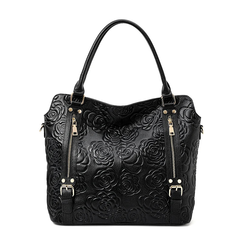 Rose Embossed Leather Tote Bag Gold Zippers and Buckles