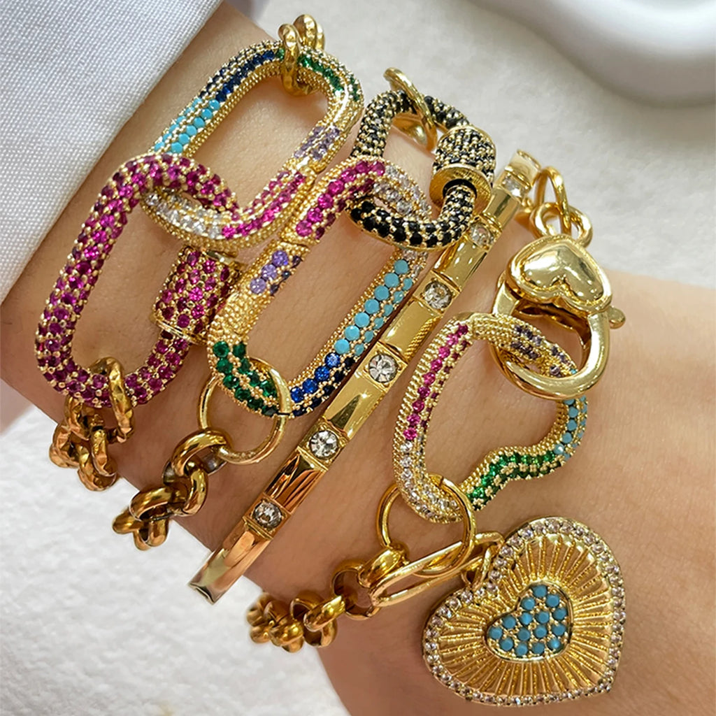 1 PC gold colorful diamond oval buckle bracelet with gold heart shaped pendant bracelet