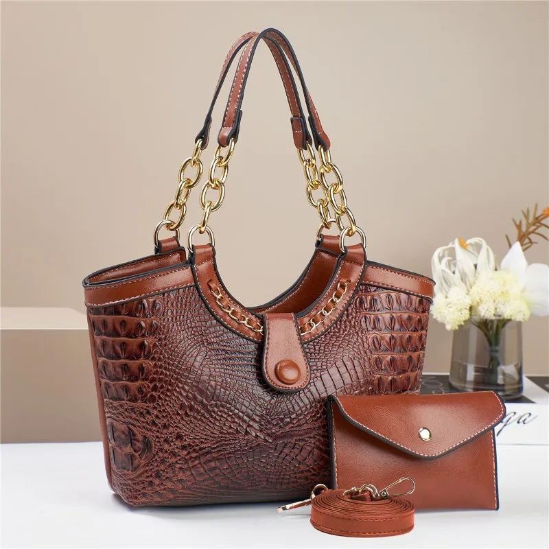2Piece Set Chain Exquisite Crocodile Patterned Purse Handbag Elegant Crossbody