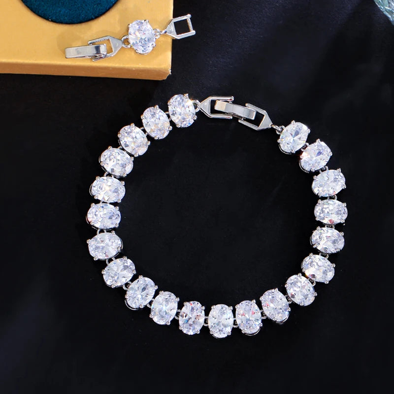 ThreeGraces Unique Green Cubic Zirconia Silver Color Oval CZ Tennis Link Chain Bracelet for Women Chic Daily Party Jewelry BR372