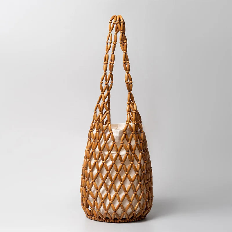 Handmade Beaded Shoulder Bag Hollow-out Wooden Bead Tote Woven Bag Bucket Bag