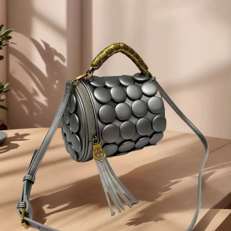 Retro Button Design Leather Handbag Luxury Round Tube Bucket Bag
