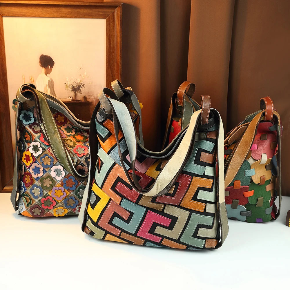 Retro Handmade Splicing Cowhide Leather Tote Bag Ethnic Style