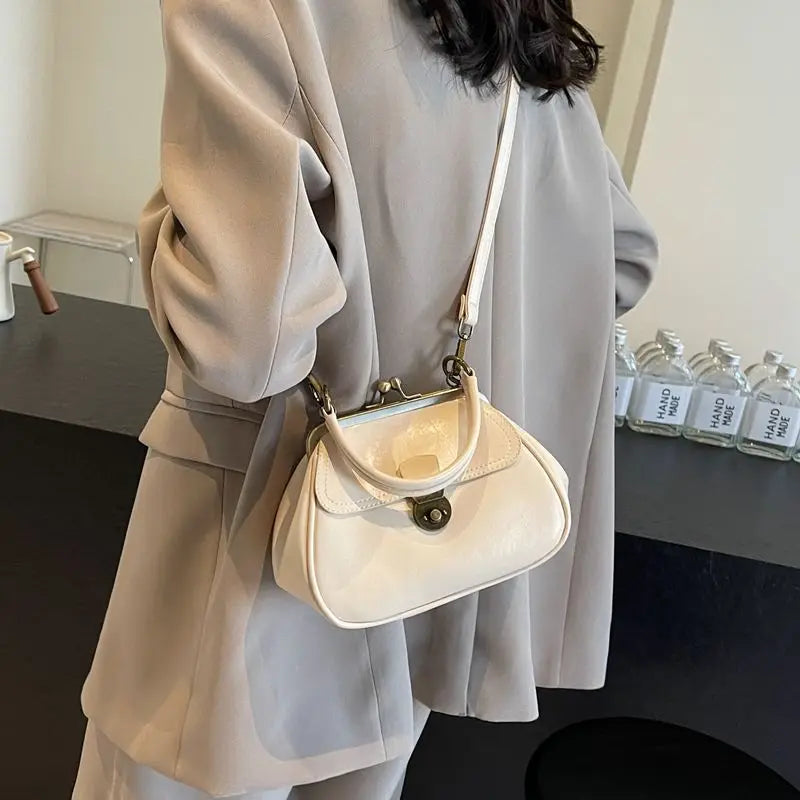Metal Clip Handbag Leather Stitching Large Capacity Shoulder Bag
