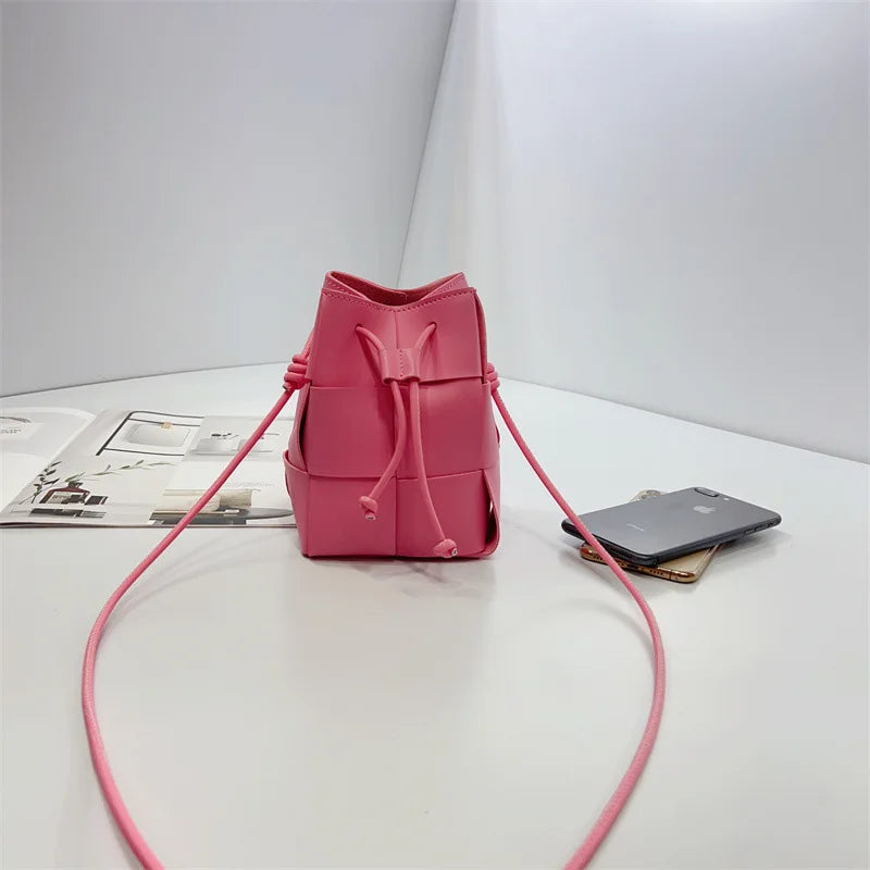 Trendy Mini Bucket Bag Versatile Woven Drawstring Phone Bag Casual Simple Design
